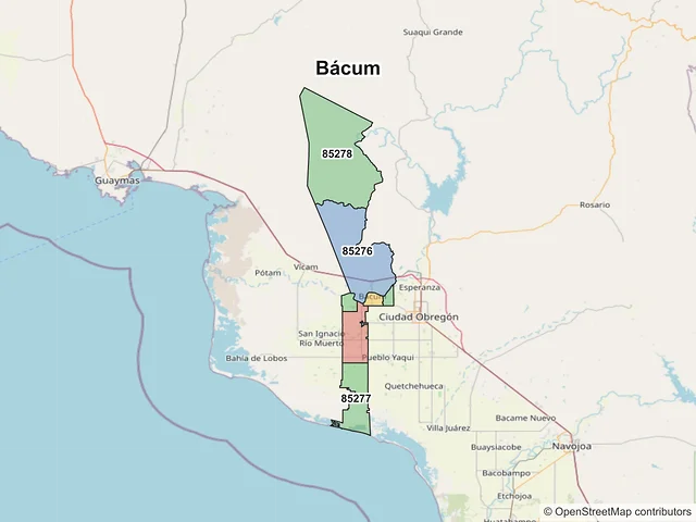Mapa de códigos postales de Bácum, Sonora