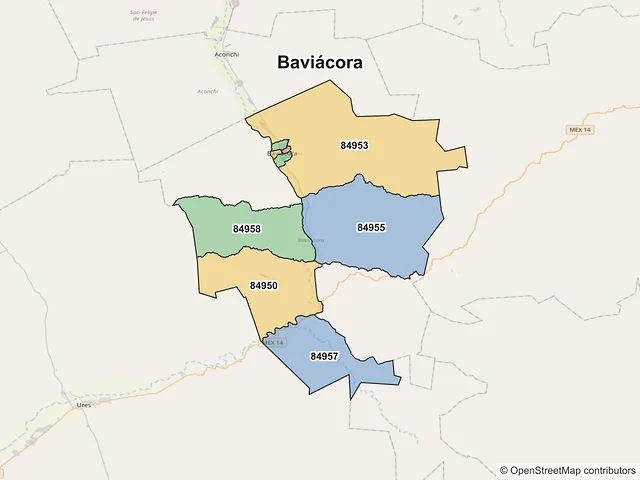 Mapa de códigos postales de Baviácora, Sonora
