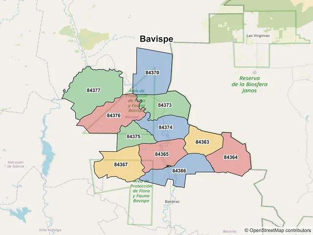 Mapa de códigos postales de Bavispe, Sonora