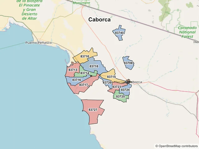 Mapa de códigos postales de Caborca, Sonora