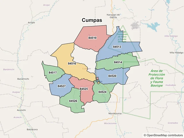 Mapa de códigos postales de Cumpas, Sonora