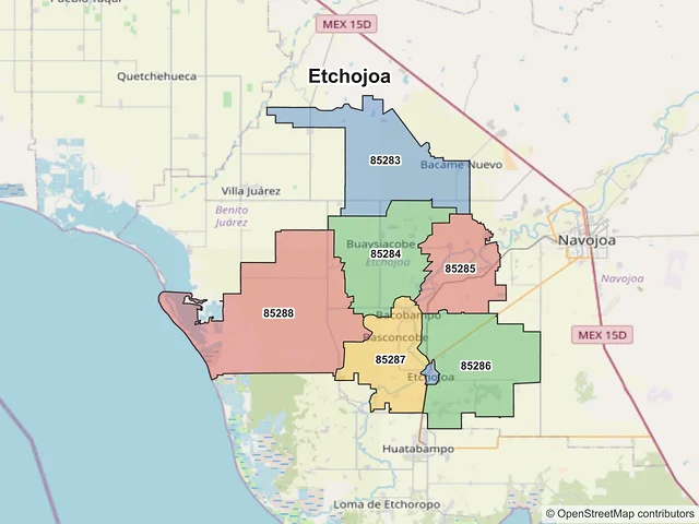 Mapa de códigos postales de Etchojoa, Sonora