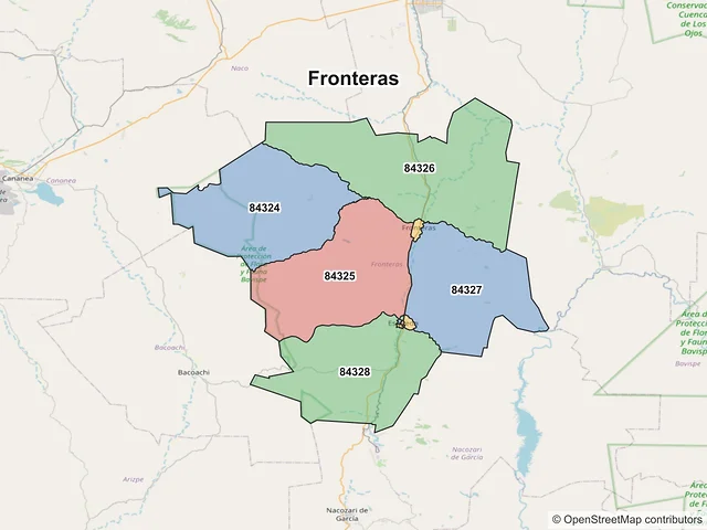 Mapa de códigos postales de Fronteras, Sonora