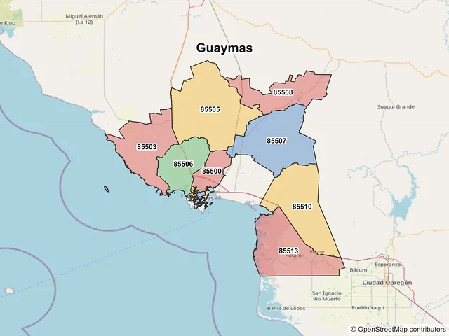 Mapa de códigos postales de Guaymas, Sonora