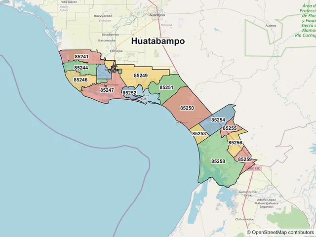 Mapa de códigos postales de Huatabampo, Sonora