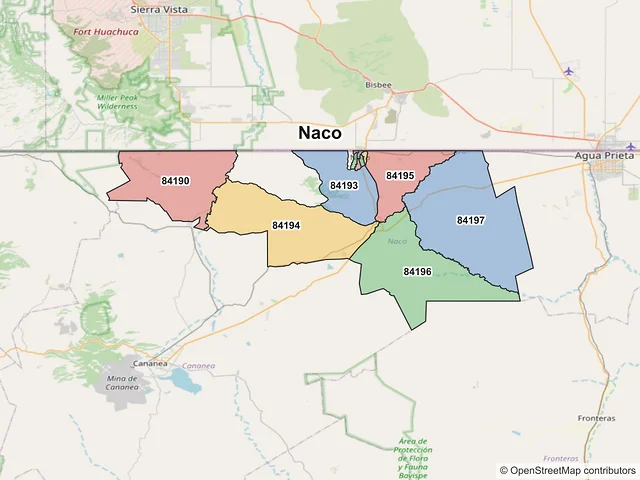 Mapa de códigos postales de Naco, Sonora