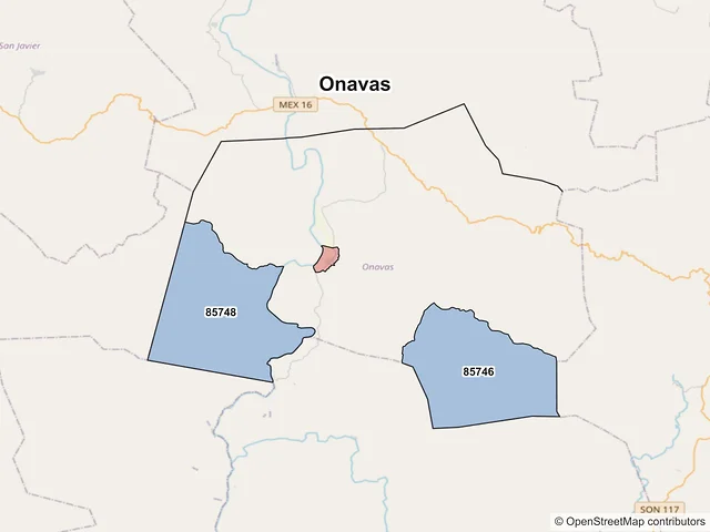 Mapa de códigos postales de Onavas, Sonora
