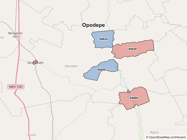Mapa de códigos postales de Opodepe, Sonora