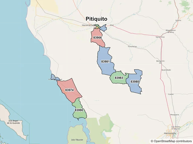 Mapa de códigos postales de Pitiquito, Sonora