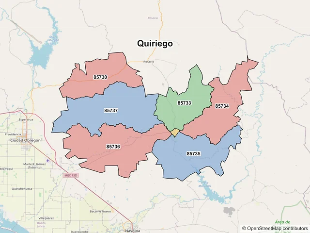 Mapa de códigos postales de Quiriego, Sonora