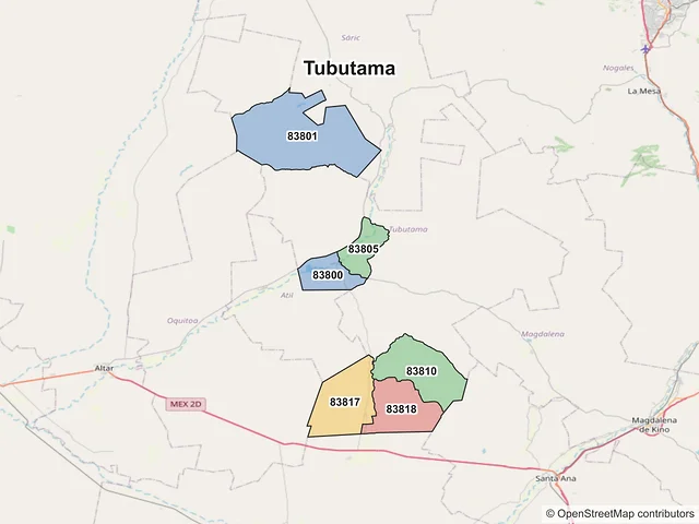 Mapa de códigos postales de Tubutama, Sonora