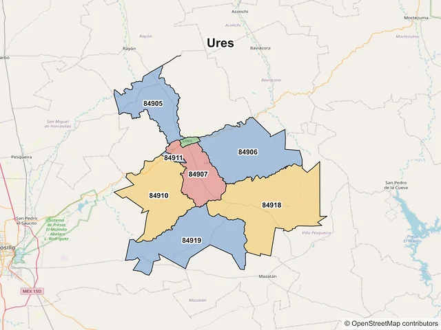 Mapa de códigos postales de Ures, Sonora