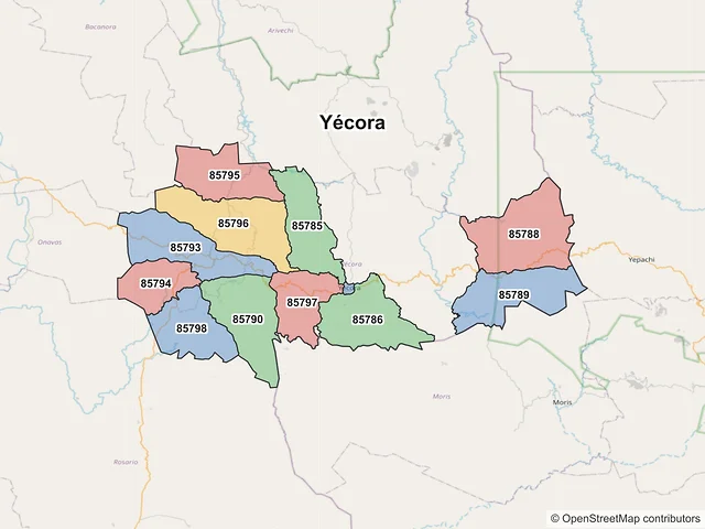 Mapa de códigos postales de Yécora, Sonora