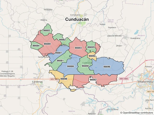 Mapa de códigos postales de Cunduacán, Tabasco