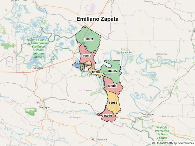 Mapa de códigos postales de Emiliano Zapata, Tabasco