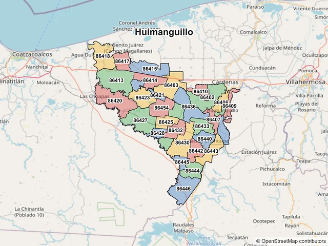 Mapa de códigos postales de Huimanguillo, Tabasco