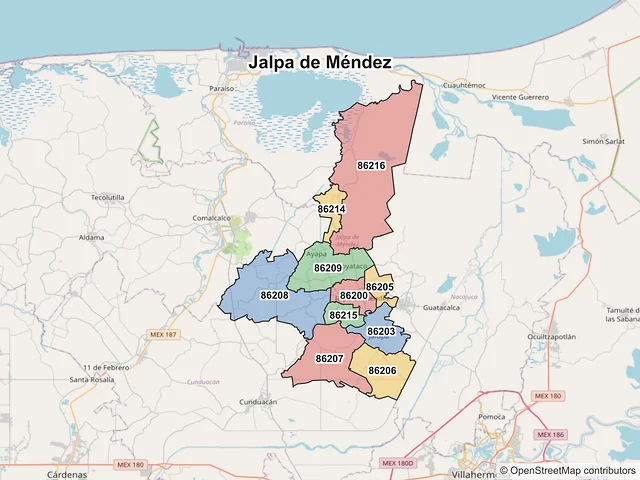 Mapa de códigos postales de Jalpa de Méndez, Tabasco