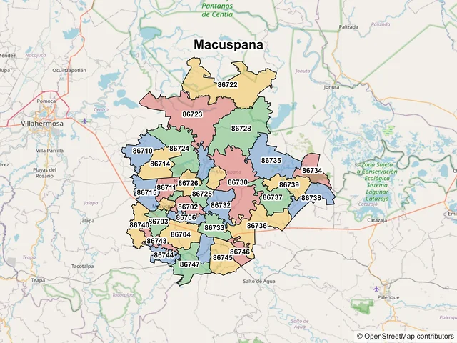 Mapa de códigos postales de Macuspana, Tabasco