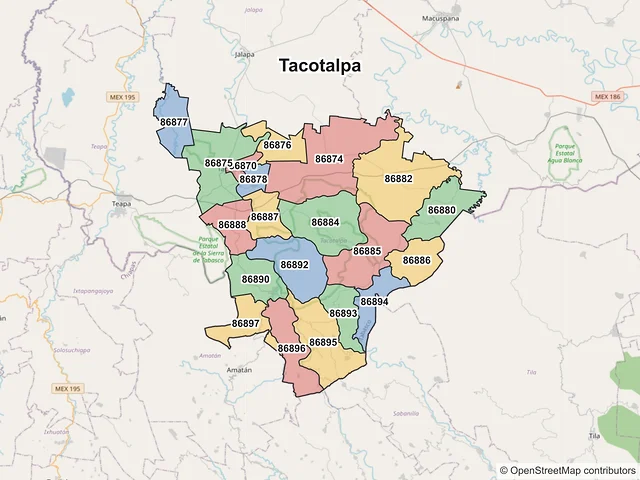 Mapa de códigos postales de Tacotalpa, Tabasco
