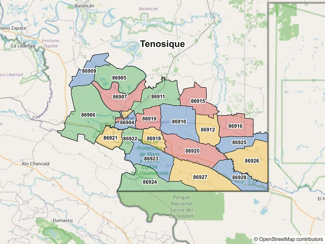 Mapa de códigos postales de Tenosique, Tabasco