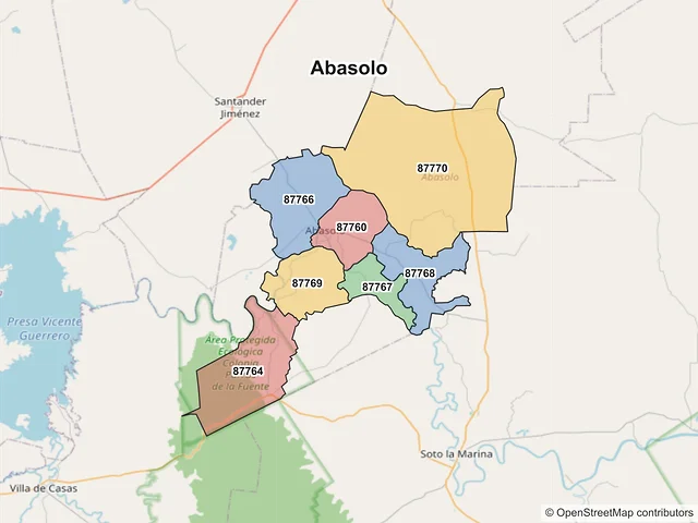 Mapa de códigos postales de Abasolo, Tamaulipas