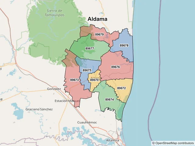 Mapa de códigos postales de Aldama, Tamaulipas