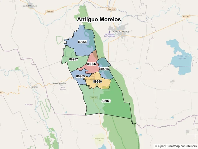 Mapa de códigos postales de Antiguo Morelos, Tamaulipas