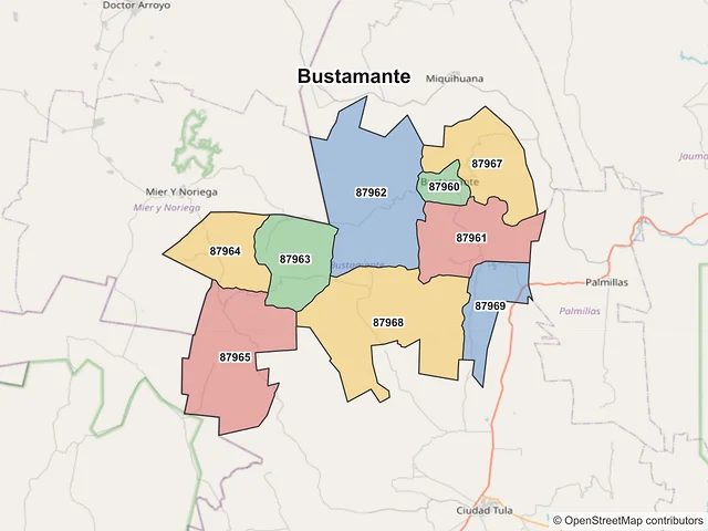 Mapa de códigos postales de Bustamante, Tamaulipas