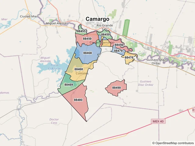 Mapa de códigos postales de Camargo, Tamaulipas