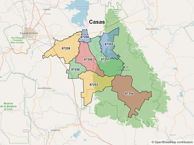 Mapa de códigos postales de Casas, Tamaulipas
