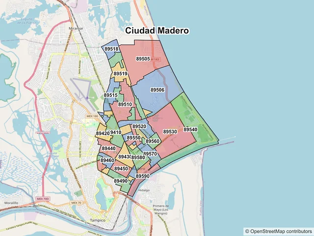 Mapa de códigos postales de Ciudad Madero, Tamaulipas