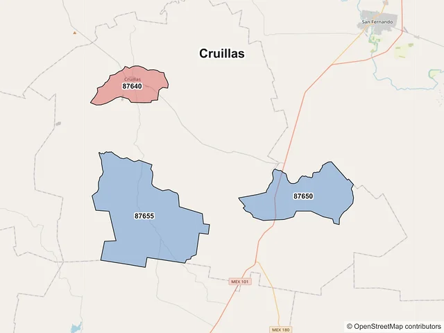 Mapa de códigos postales de Cruillas, Tamaulipas