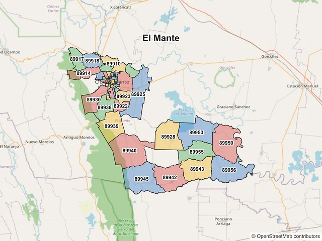 Mapa de códigos postales de El Mante, Tamaulipas
