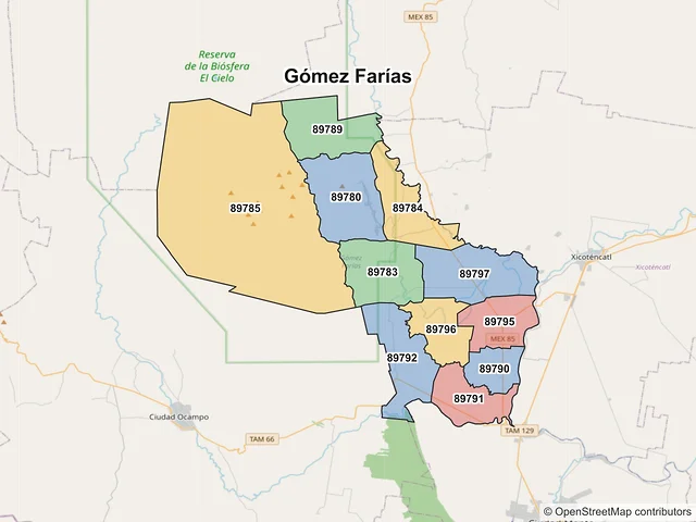 Mapa de códigos postales de Gómez Farías, Tamaulipas
