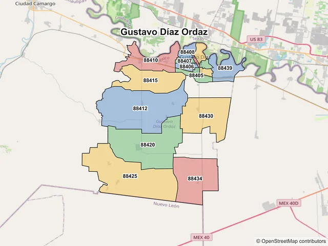 Mapa de códigos postales de Gustavo Díaz Ordaz, Tamaulipas