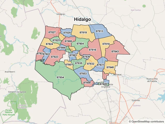 Mapa de códigos postales de Hidalgo, Tamaulipas
