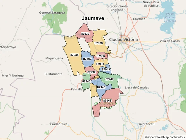 Mapa de códigos postales de Jaumave, Tamaulipas