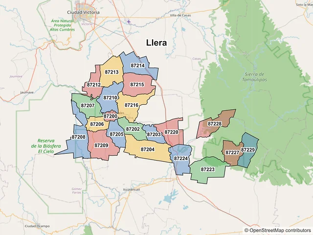 Mapa de códigos postales de Llera, Tamaulipas