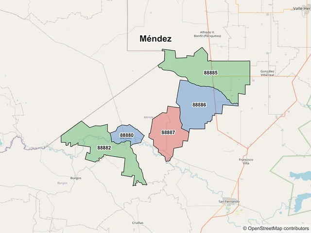 Mapa de códigos postales de Méndez, Tamaulipas