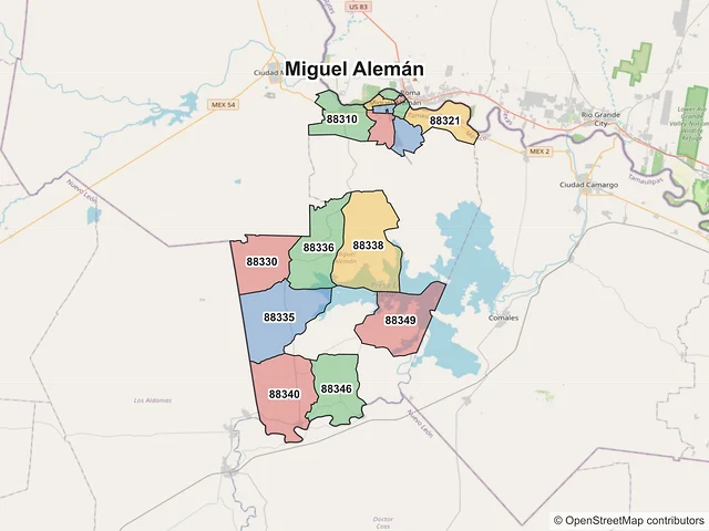Mapa de códigos postales de Miguel Alemán, Tamaulipas