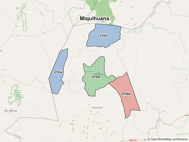 Mapa de códigos postales de Miquihuana, Tamaulipas