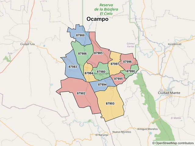 Mapa de códigos postales de Ocampo, Tamaulipas