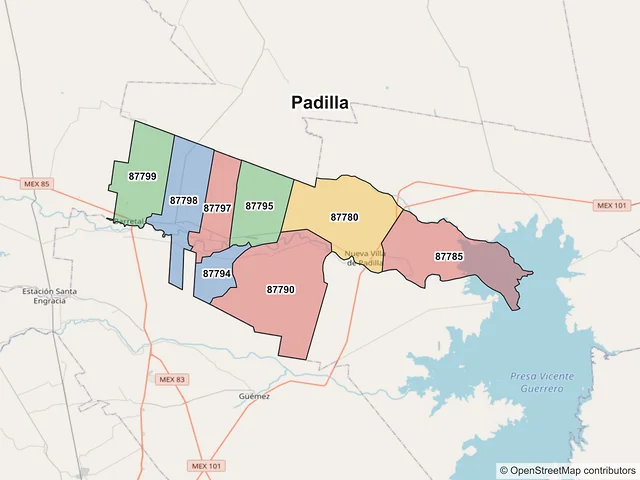 Mapa de códigos postales de Padilla, Tamaulipas