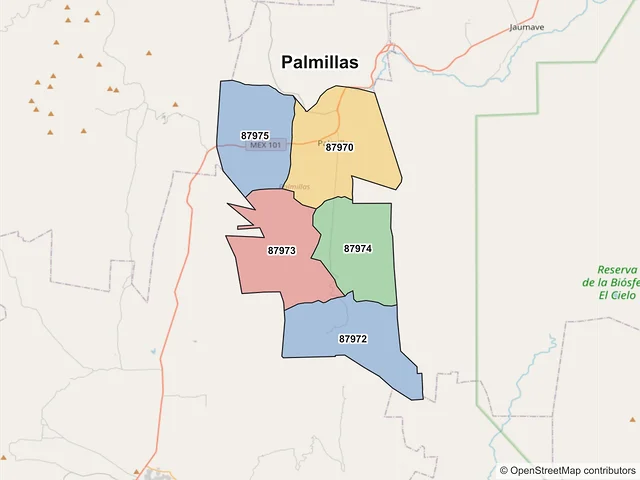 Mapa de códigos postales de Palmillas, Tamaulipas