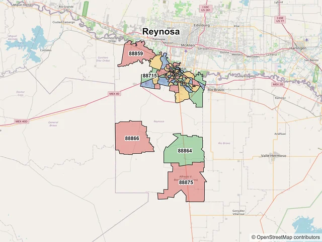 Mapa de códigos postales de Reynosa, Tamaulipas