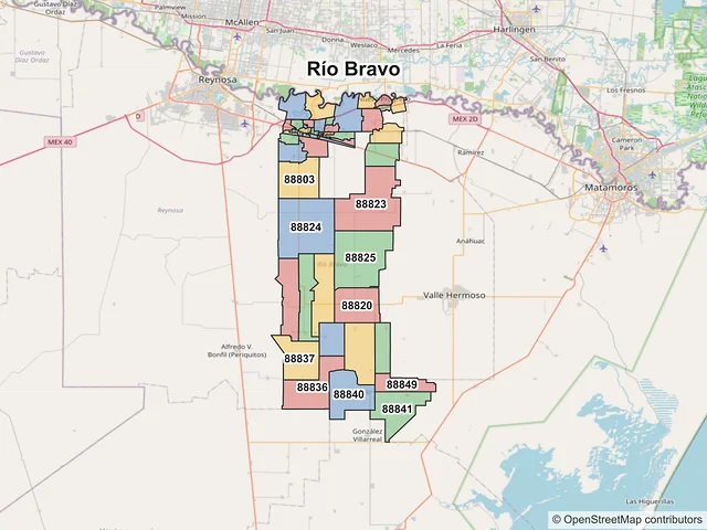 Mapa de códigos postales de Río Bravo, Tamaulipas