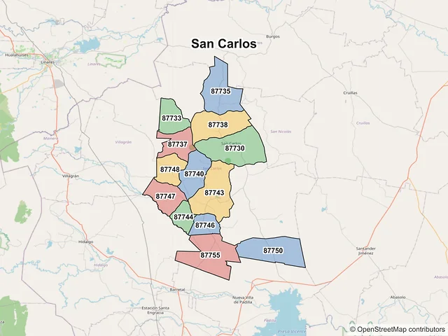 Mapa de códigos postales de San Carlos, Tamaulipas