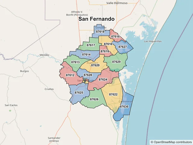 Mapa de códigos postales de San Fernando, Tamaulipas