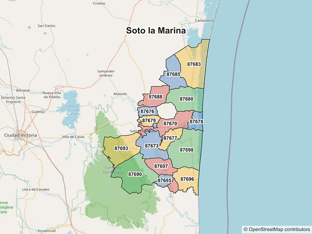 Mapa de códigos postales de Soto la Marina, Tamaulipas
