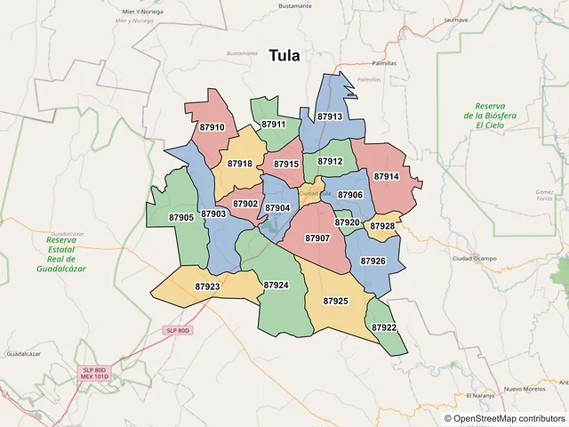 Mapa de códigos postales de Tula, Tamaulipas